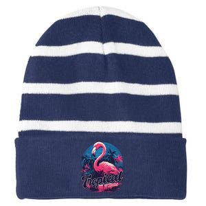 Tropical Vibes Flamingo Retro Palm Tree Striped Beanie with Solid Band