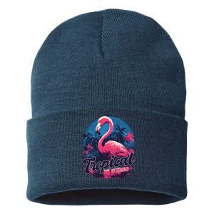 Tropical Vibes Flamingo Retro Palm Tree Sustainable Knit Beanie