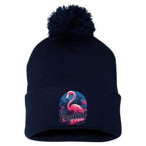 Tropical Vibes Flamingo Retro Palm Tree Pom Pom 12in Knit Beanie