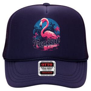 Tropical Vibes Flamingo Retro Palm Tree High Crown Mesh Back Trucker Hat