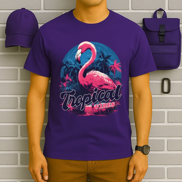 Tropical Vibes Flamingo Retro Palm Tree T-Shirt