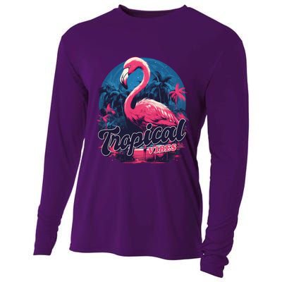 Tropical Vibes Flamingo Retro Palm Tree Cooling Performance Long Sleeve Crew