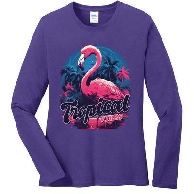 Tropical Vibes Flamingo Retro Palm Tree Ladies Long Sleeve Shirt