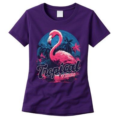 Tropical Vibes Flamingo Retro Palm Tree Womens T-Shirt