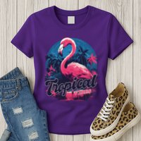 Tropical Vibes Flamingo Retro Palm Tree Womens T-Shirt