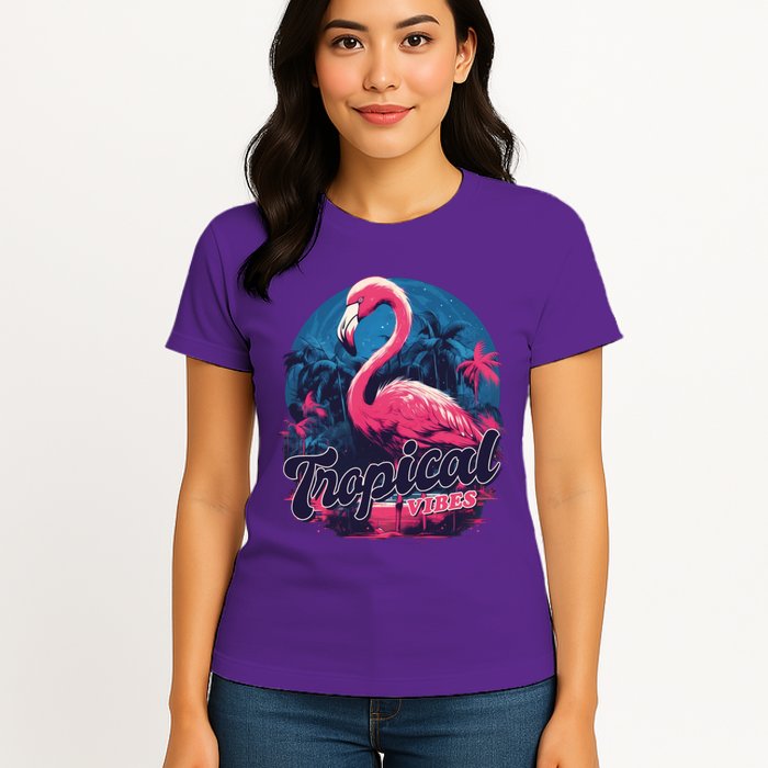 Tropical Vibes Flamingo Retro Palm Tree Womens T-Shirt
