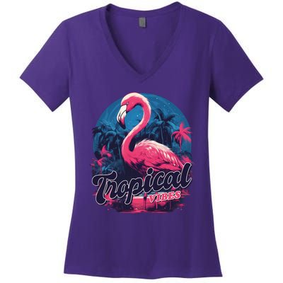 Tropical Vibes Flamingo Retro Palm Tree Women's V-Neck T-Shirt