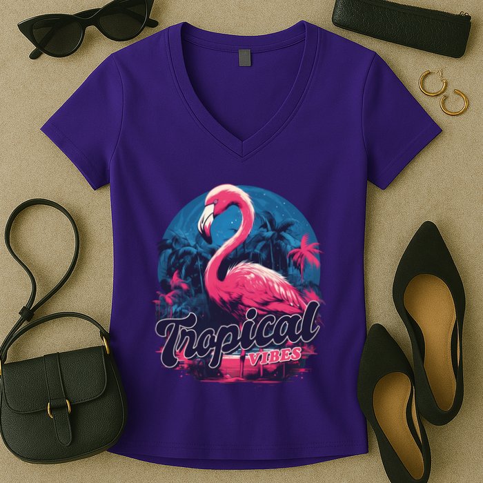 Tropical Vibes Flamingo Retro Palm Tree Women's V-Neck T-Shirt