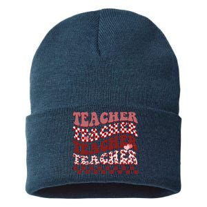 Teacher Valentine Groovy Cute Sustainable Knit Beanie