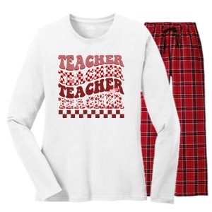 Teacher Valentine Groovy Cute Women's Long Sleeve Flannel Pajama Set 