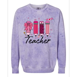 Teacher Valentine Heart Pencil Coquette Bow Colorblast Crewneck Sweatshirt