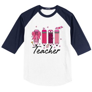 Teacher Valentine Heart Pencil Coquette Bow Baseball Sleeve Shirt