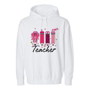 Teacher Valentine Heart Pencil Coquette Bow Garment-Dyed Fleece Hoodie