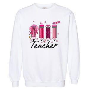 Teacher Valentine Heart Pencil Coquette Bow Garment-Dyed Sweatshirt