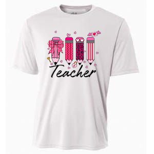 Teacher Valentine Heart Pencil Coquette Bow Cooling Performance Crew T-Shirt