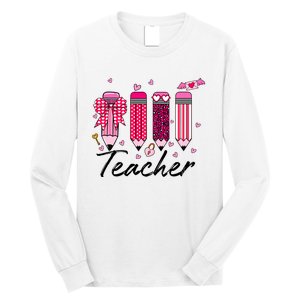 Teacher Valentine Heart Pencil Coquette Bow Long Sleeve Shirt