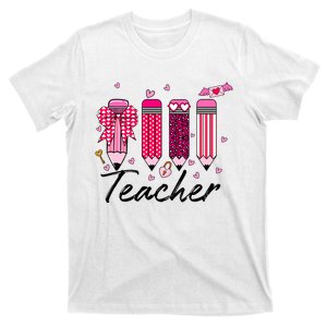 Teacher Valentine Heart Pencil Coquette Bow T-Shirt