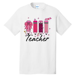 Teacher Valentine Heart Pencil Coquette Bow Tall T-Shirt