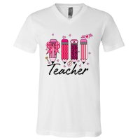 Teacher Valentine Heart Pencil Coquette Bow V-Neck T-Shirt