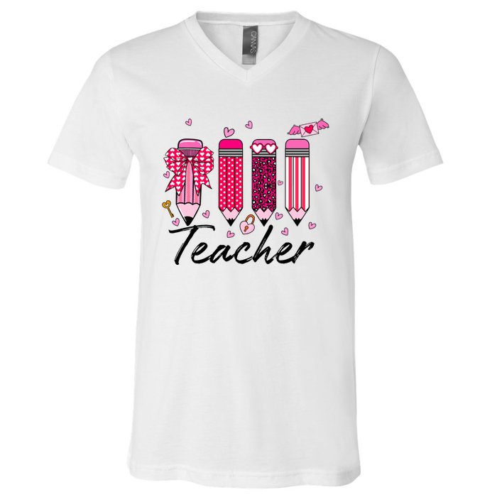 Teacher Valentine Heart Pencil Coquette Bow V-Neck T-Shirt