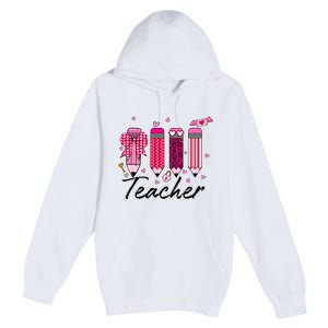 Teacher Valentine Heart Pencil Coquette Bow Premium Pullover Hoodie