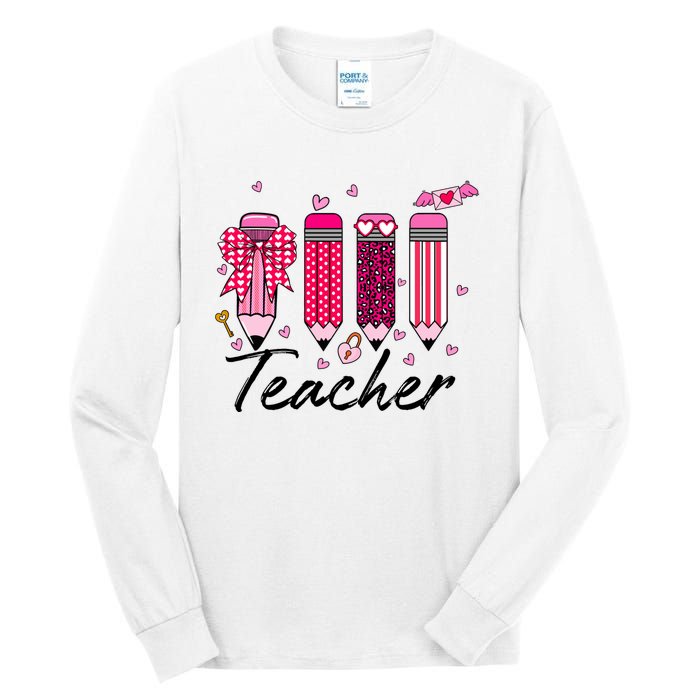 Teacher Valentine Heart Pencil Coquette Bow Tall Long Sleeve T-Shirt