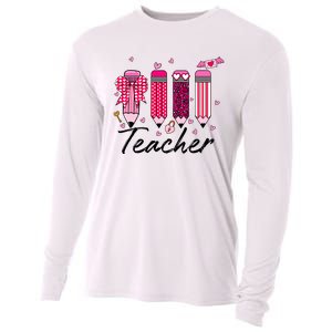 Teacher Valentine Heart Pencil Coquette Bow Cooling Performance Long Sleeve Crew