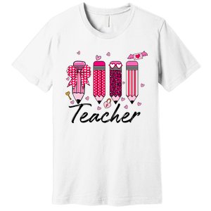 Teacher Valentine Heart Pencil Coquette Bow Premium T-Shirt