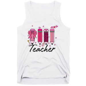 Teacher Valentine Heart Pencil Coquette Bow Tank Top