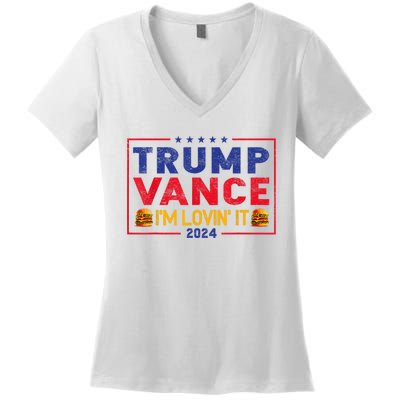 Trump Vance Im Lovin It Hamburger 2024 Women's V-Neck T-Shirt