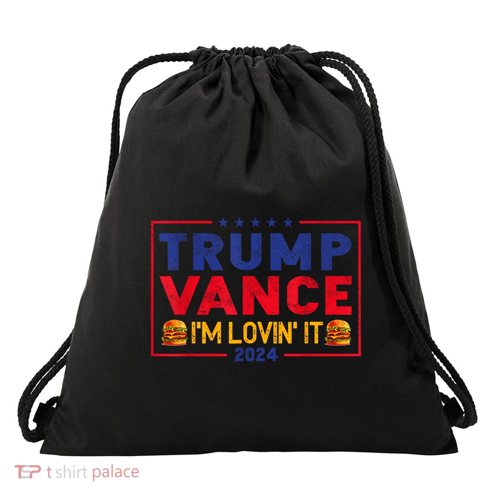 Trump Vance IM Lovin It Hamburger 2024 Drawstring Bag