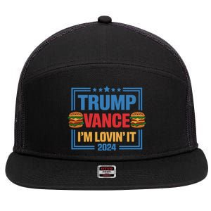 Trump Vance Im Lovin It Hamburger 2024 Election 2024 7 Panel Mesh Trucker Snapback Hat