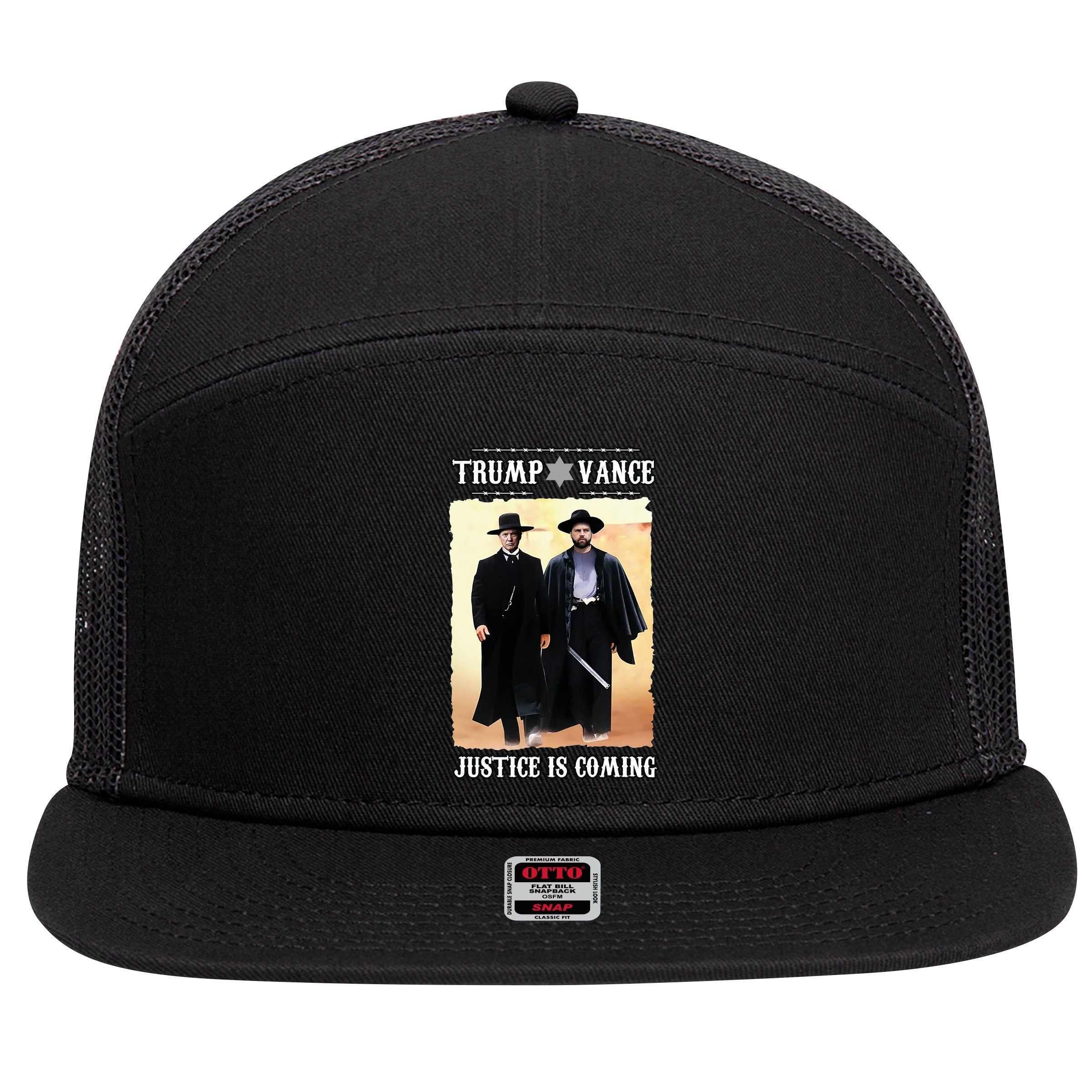 Trump Vance Justice Is Coming 7 Panel Mesh Trucker Snapback Hat