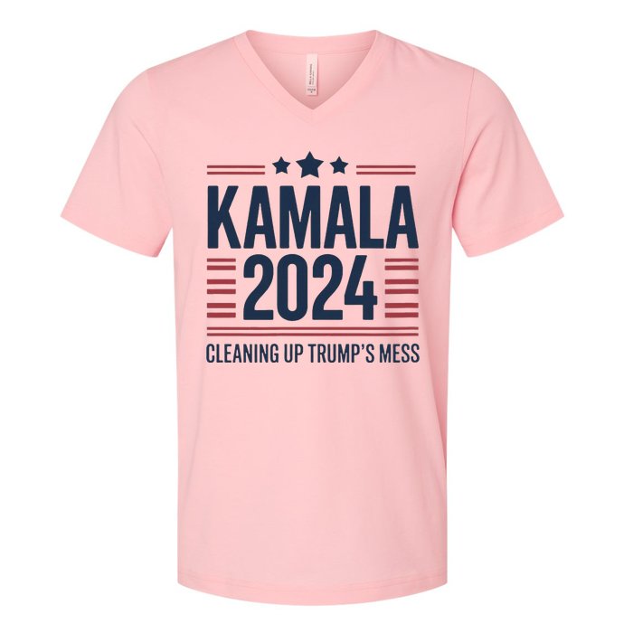 Trump Vs Kamala Presidential Debate 2024 Cleaning Up Mess V-Neck T-Shirt