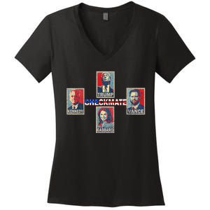 Trump Vance Kennedy Gabbard Checkmate American Flag Women's V-Neck T-Shirt