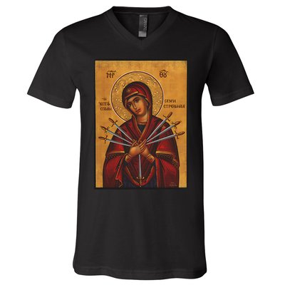 Theotokos Virgin Mary Eastern Orthodox Byzantine Art Church V-Neck T-Shirt