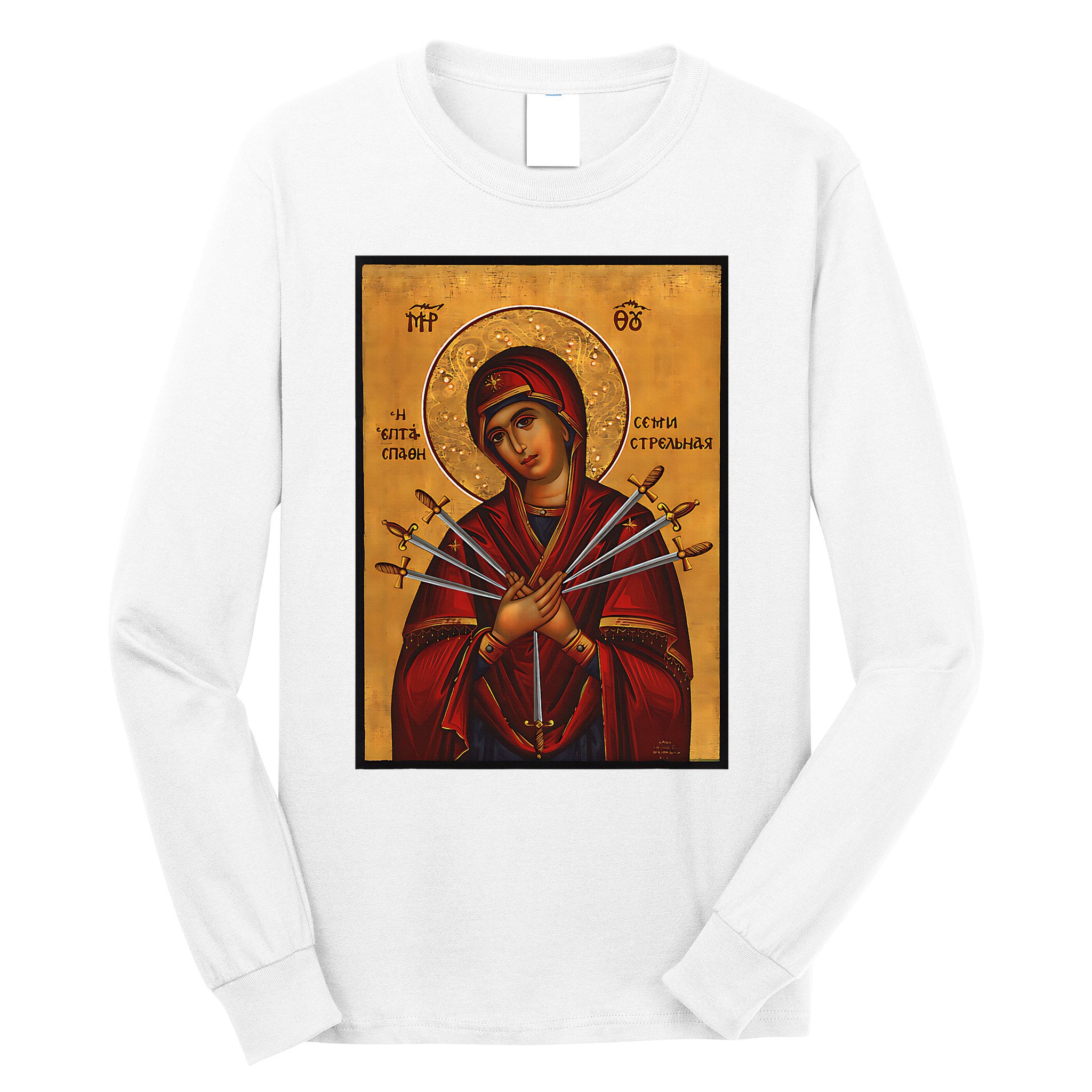 Theotokos Virgin Mary Of 7 Seven Swords Greek Orthodox Long Sleeve Shirt