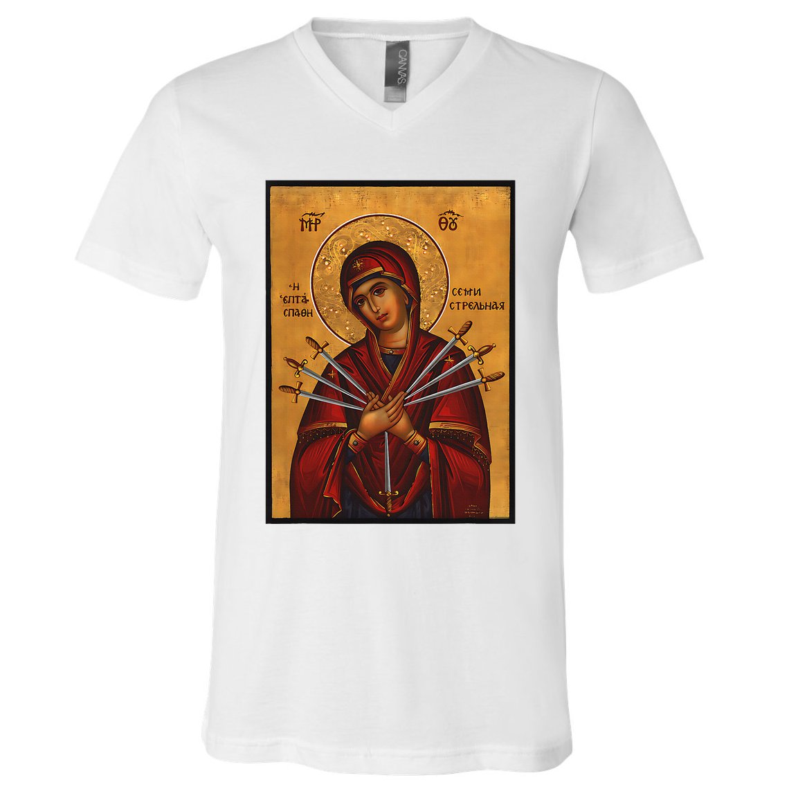 Theotokos Virgin Mary Of 7 Seven Swords Greek Orthodox V-Neck T-Shirt