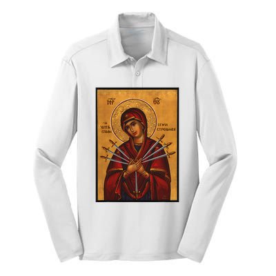 Theotokos Virgin Mary Of 7 Seven Swords Greek Orthodox Silk Touch Performance Long Sleeve Polo