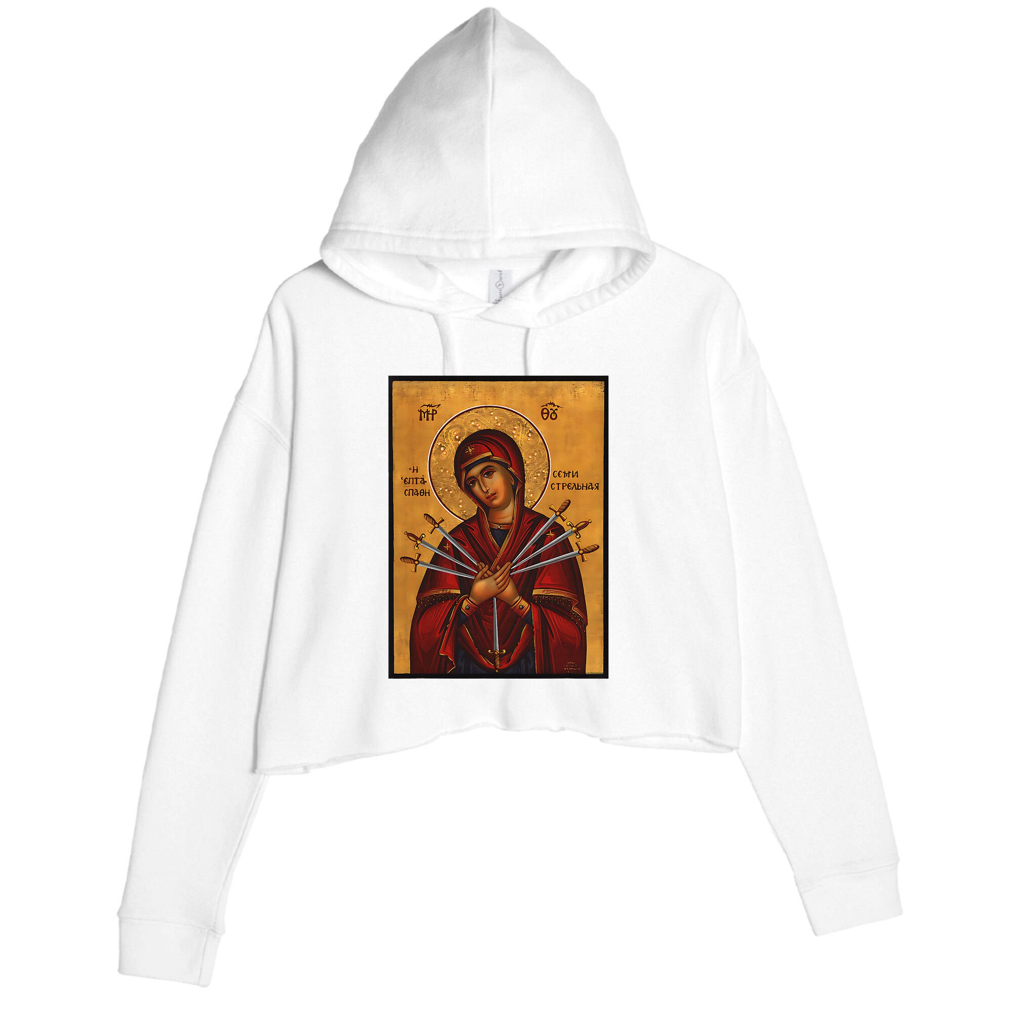 Theotokos Virgin Mary Of 7 Seven Swords Greek Orthodox Crop Fleece Hoodie