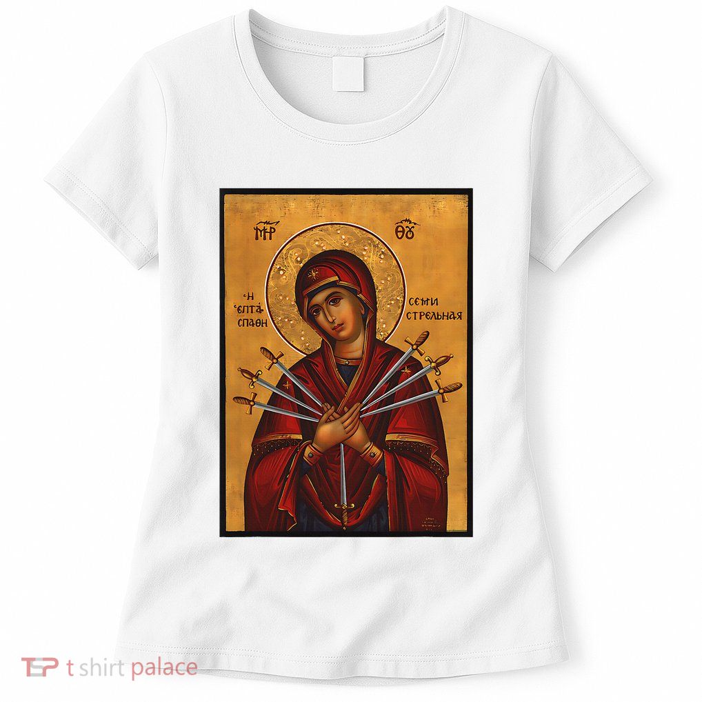 Theotokos Virgin Mary Of 7 Seven Swords Greek Orthodox Womens T-Shirt