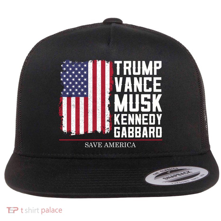 Trump Vance Musk Kennedy Gabbard 2024 Save America Long Sleeve Flat Bill Trucker Hat