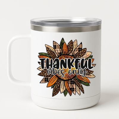 Thankful Vibes Only Thankful Leopard Sunflower Autumn Fall Gift 12 oz Stainless Steel Tumbler Cup