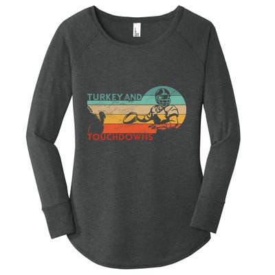 Thanksgiving Vintage Retro Turkey And Touchdowns Football Women's Perfect Tri Tunic Long Sleeve Shirt