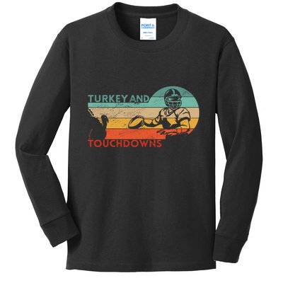Thanksgiving Vintage Retro Turkey And Touchdowns Football Kids Long Sleeve Shirt
