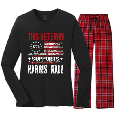 This Veteran Supports Harris Walz 2024 American Flag Women's Long Sleeve Flannel Pajama Set 