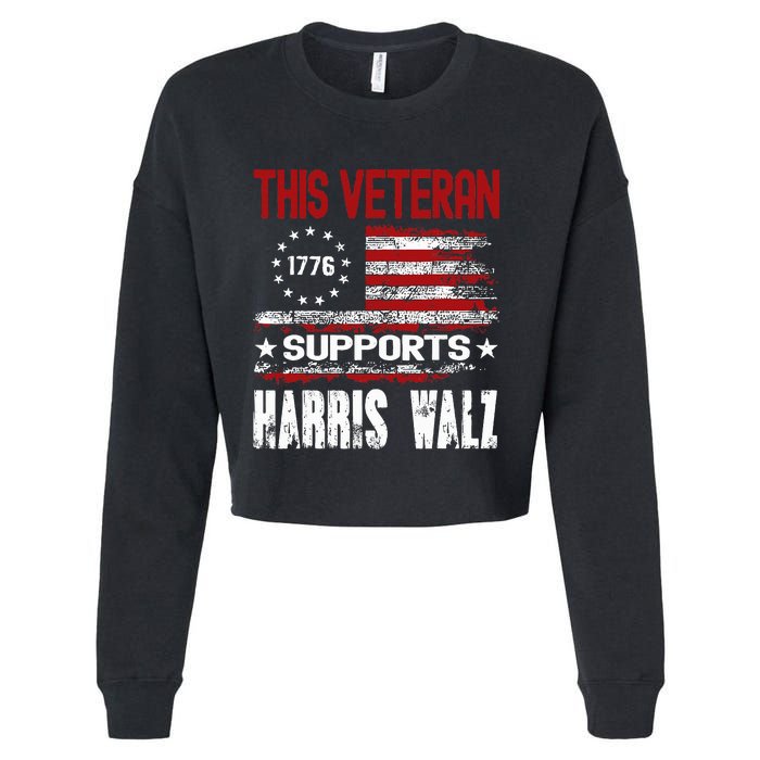 This Veteran Supports Harris Walz 2024 American Flag Cropped Pullover Crew