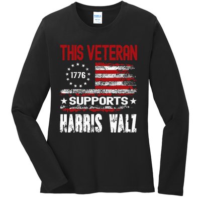 This Veteran Supports Harris Walz 2024 American Flag Ladies Long Sleeve Shirt