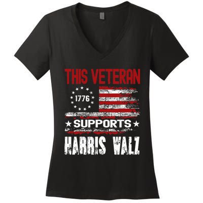 This Veteran Supports Harris Walz 2024 American Flag Women's V-Neck T-Shirt