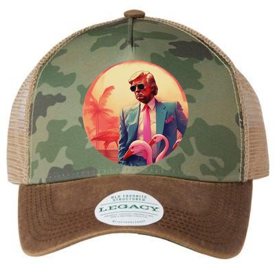 Trump Vice Style Sunglasses And Flamingos In Miami Legacy Tie Dye Trucker Hat